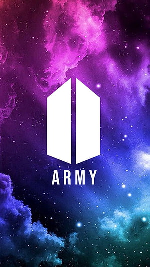 BTS ARMY Fan Logo Against Vibrant Purple and Blue Cosmic Nebula Background HD phone wallpaper