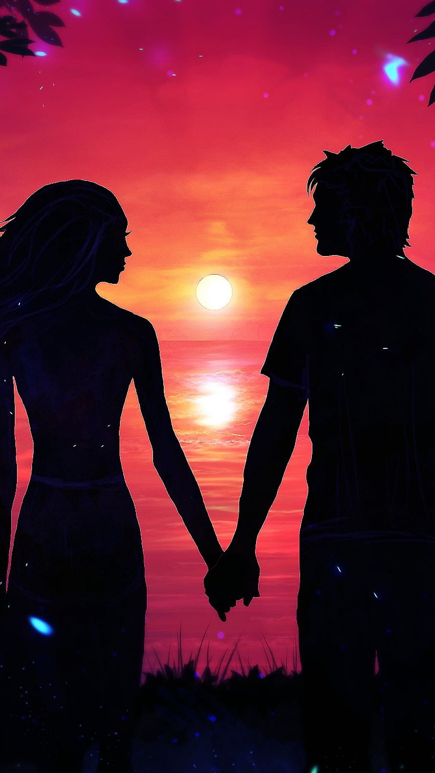 Romantic Couple Silhouettes Holding Hands at Vibrant Sunset Over the Ocean HD phone wallpaper