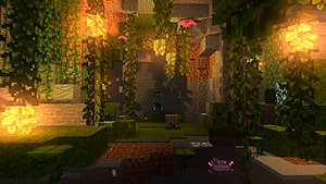 Minecraft Cave and Cliff Biome with Lush Jungle Vegetation and Glowing Blocks HD wallpaper