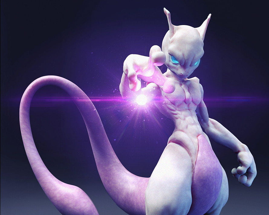Mewtwo 3D Render with Glowing Psychic Energy and Purple Lens Flare HD wallpaper