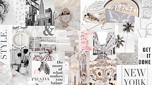 White Aesthetic Collage Featuring New York City, Luxury Brands, and Minimalist Lifestyle Elements HD wallpaper