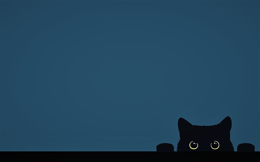 Minimalist Black Cat Peeking Over Edge With Glowing Yellow Eyes HD wallpaper