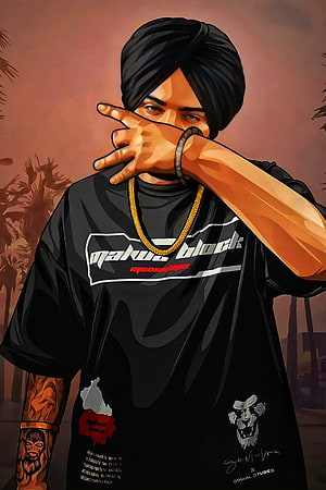 Sidhu Moose Wala Digital Portrait in Black Graphic Tee with Turban and Gold Chain HD phone wallpaper