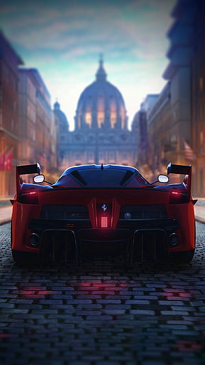 Red Ferrari LaFerrari Rear View on Cobblestone Street with European Cathedral at Dusk HD phone wallpaper