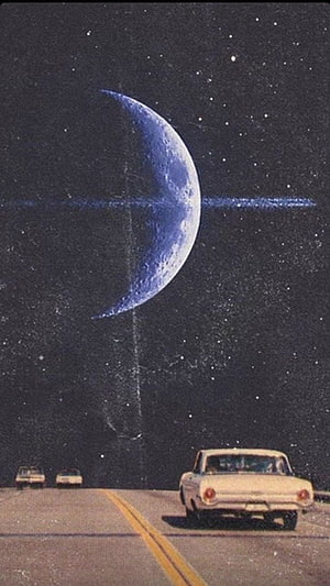 Retro Futurism Surreal Artwork With Vintage Car and Ringed Planet HD phone wallpaper