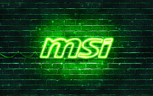 MSI Green Neon Logo Glowing on Dark Brick Wall Background HD wallpaper