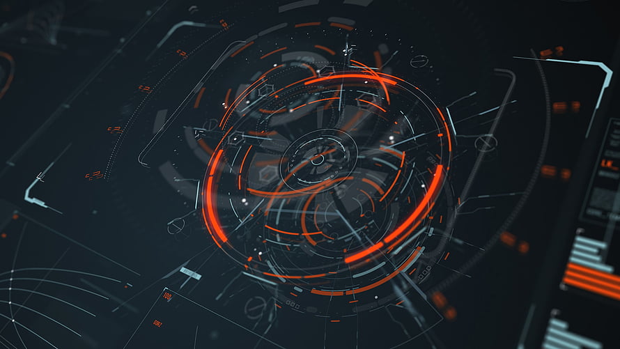 Futuristic Sci-Fi Holographic Interface with Glowing Orange Circles and Digital Schematic Elements HD wallpaper