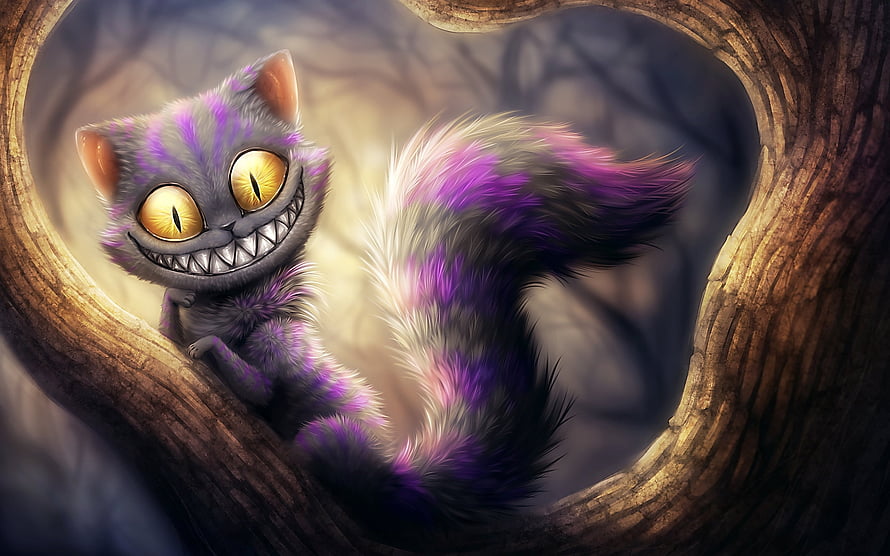 Cheshire Cat Peeking Through a Heart-Shaped Tree Hollow in Alice in Wonderland HD wallpaper