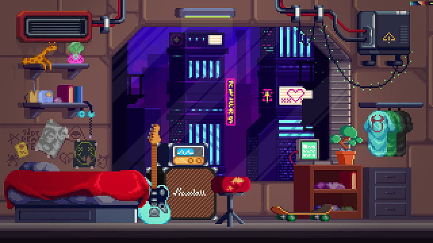 Cyberpunk Bedroom Pixel Art Scene with Neon City View and Retro Music Gear HD wallpaper