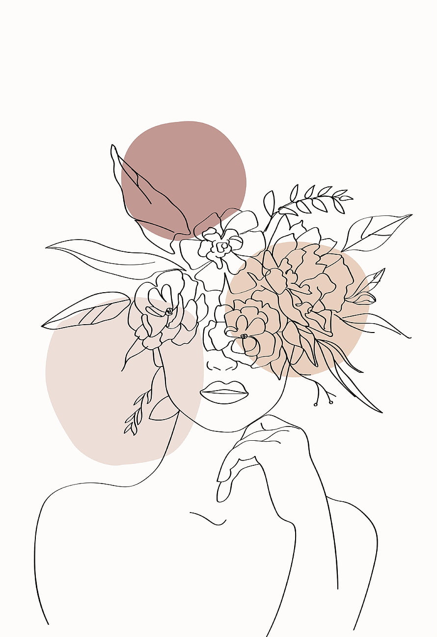 Minimalist line art illustration of a woman with floral headpiece and abstract geometric shapes HD phone wallpaper
