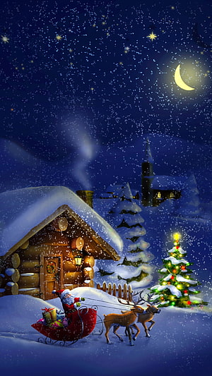 Santa Claus in a sleigh pulled by reindeer through a snowy village at night with a decorated Christmas tree HD phone wallpaper