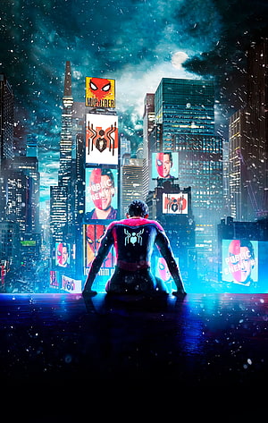 Spider-Man No Way Home Poster Artwork Featuring Miles Morales in a Neon-Lit Cityscape, Spider Man No Way Home, spiderman, Marvel HD phone wallpaper