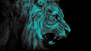 Fierce Lion Head with Glowing Red Eyes and Cyan Fur on Black Background HD wallpaper