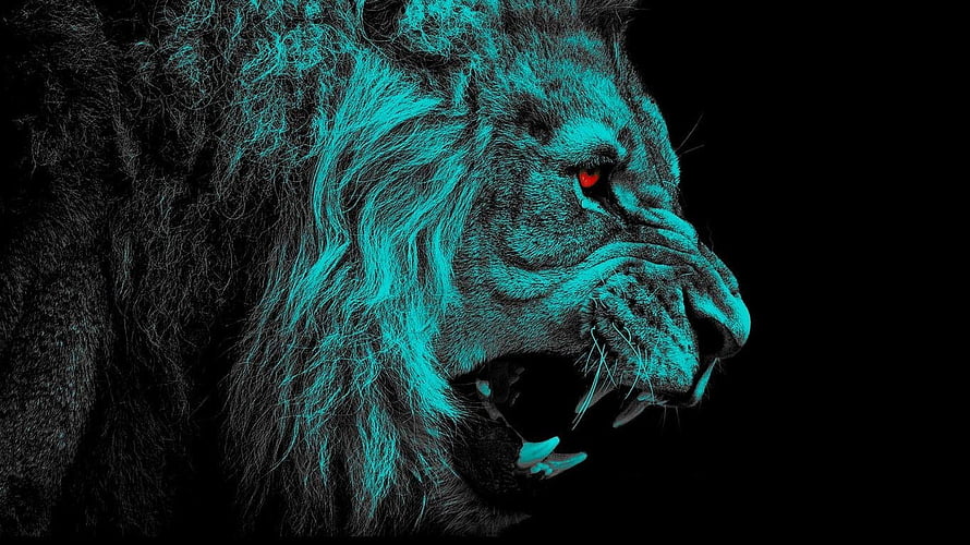 Fierce Lion Head with Glowing Red Eyes and Cyan Fur on Black Background HD wallpaper