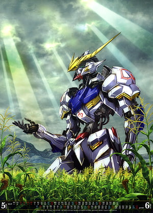 Gundam Barbatos Android Kneeling in a Lush Green Field Under Dramatic Sunbeams HD phone wallpaper