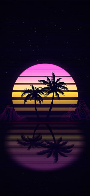 Neon Palm Trees Against a Striped Retro Sunset in a Synthwave Night Sky HD phone wallpaper