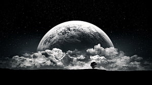 Monochrome Alien Planet Rising Over Clouds and a Lone Tree at Night HD wallpaper