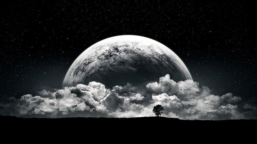 Monochrome Alien Planet Rising Over Clouds and a Lone Tree at Night HD wallpaper