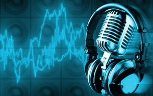 Vintage Studio Microphone and Headphones with Audio Waveform on Blue Background HD wallpaper