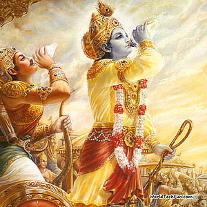 Krishna and Arjuna in Divine Chariot with Conch Shells and Golden Regalia HD phone wallpaper