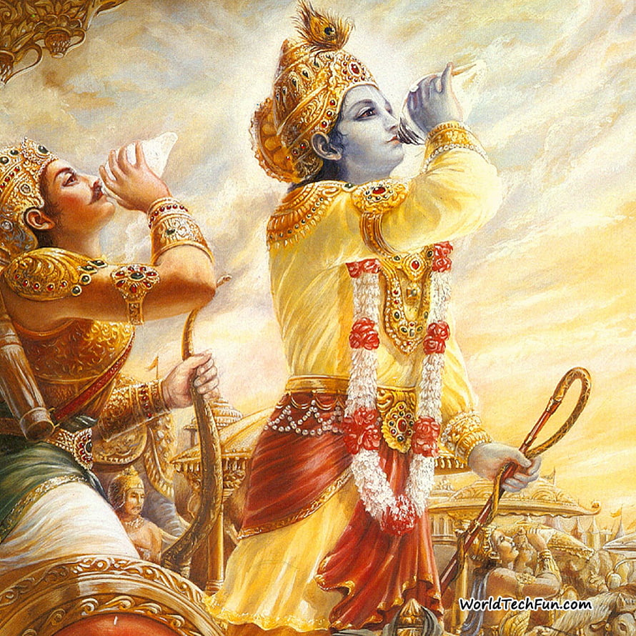 Krishna and Arjuna in Divine Chariot with Conch Shells and Golden Regalia HD phone wallpaper