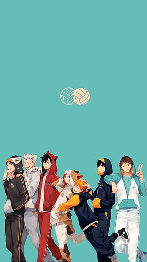 Haikyuu anime team in animal hoodies with floating volleyball on teal background HD phone wallpaper