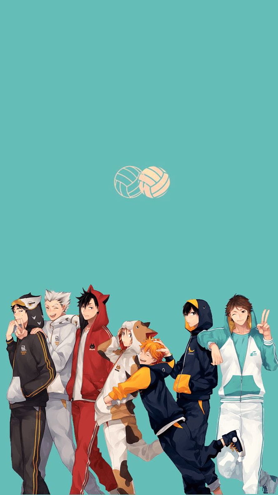 Haikyuu anime team in animal hoodies with floating volleyball on teal background HD phone wallpaper