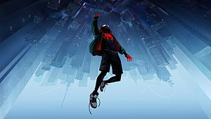 Miles Morales Spider-Man Leaping Through Futuristic Cityscape in Spider-Verse Style, Miles Morales Spider-Man Spider-Man Into The Spider-Verse HD wallpaper
