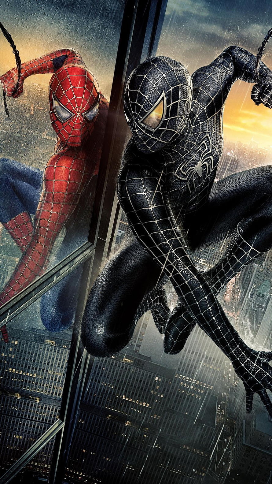 Spider-Man 3 Symbiote Suit and Classic Costume Split Cityscape Poster Art HD phone wallpaper