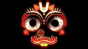 Jagannath Divine Eyes Ornate Red and Gold Religious Artwork on Black Background HD wallpaper