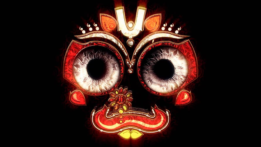 Jagannath Divine Eyes Ornate Red and Gold Religious Artwork on Black Background HD wallpaper