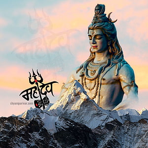 Lord Shiva Statue Rising Above Snow-Capped Himalayan Peaks at Sunset HD phone wallpaper