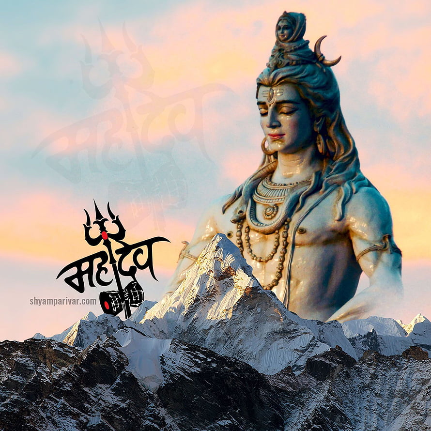 Lord Shiva Statue Rising Above Snow-Capped Himalayan Peaks at Sunset HD phone wallpaper
