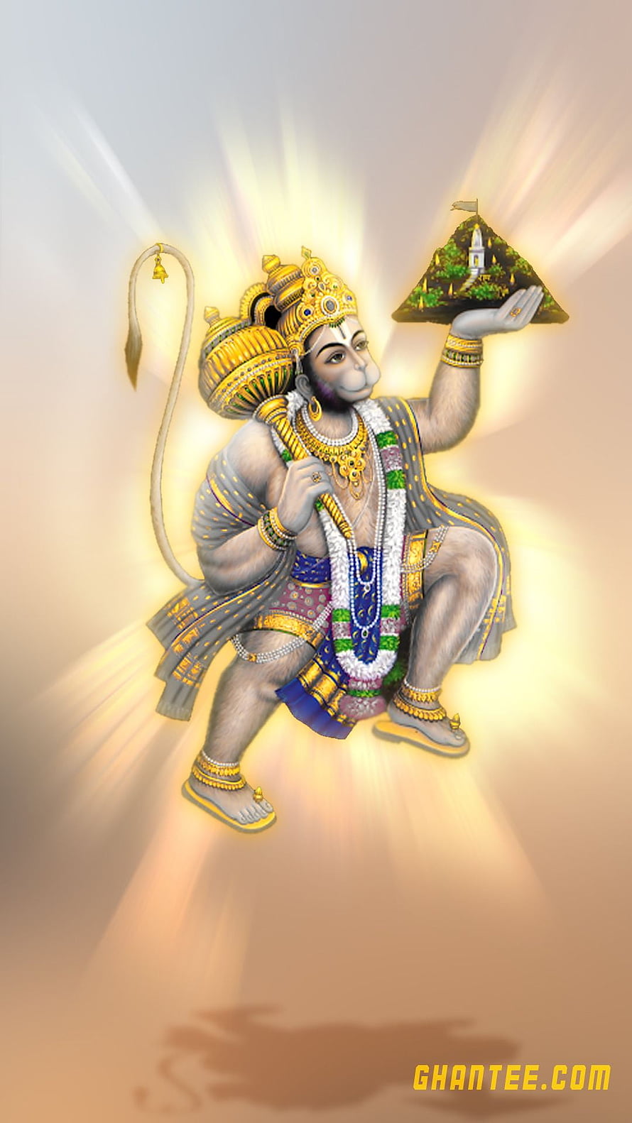 Lord Hanuman Flying with Mount Kailash and Radiant Divine Aura HD phone wallpaper