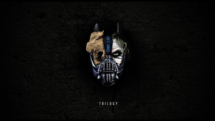 Batman Trilogy Dark Knight Rises Bane Mask and Joker Face Split Portrait HD wallpaper