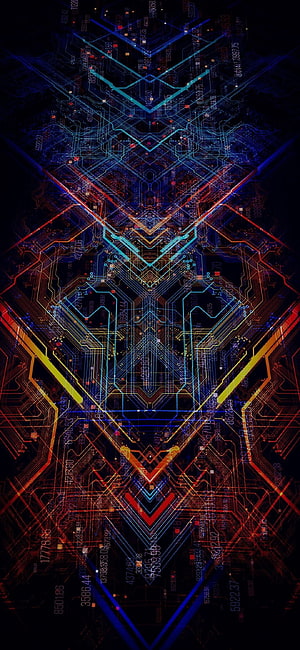 Neon Circuit Board Abstract Pattern with Glowing Blue and Red Traces on Dark Background HD phone wallpaper