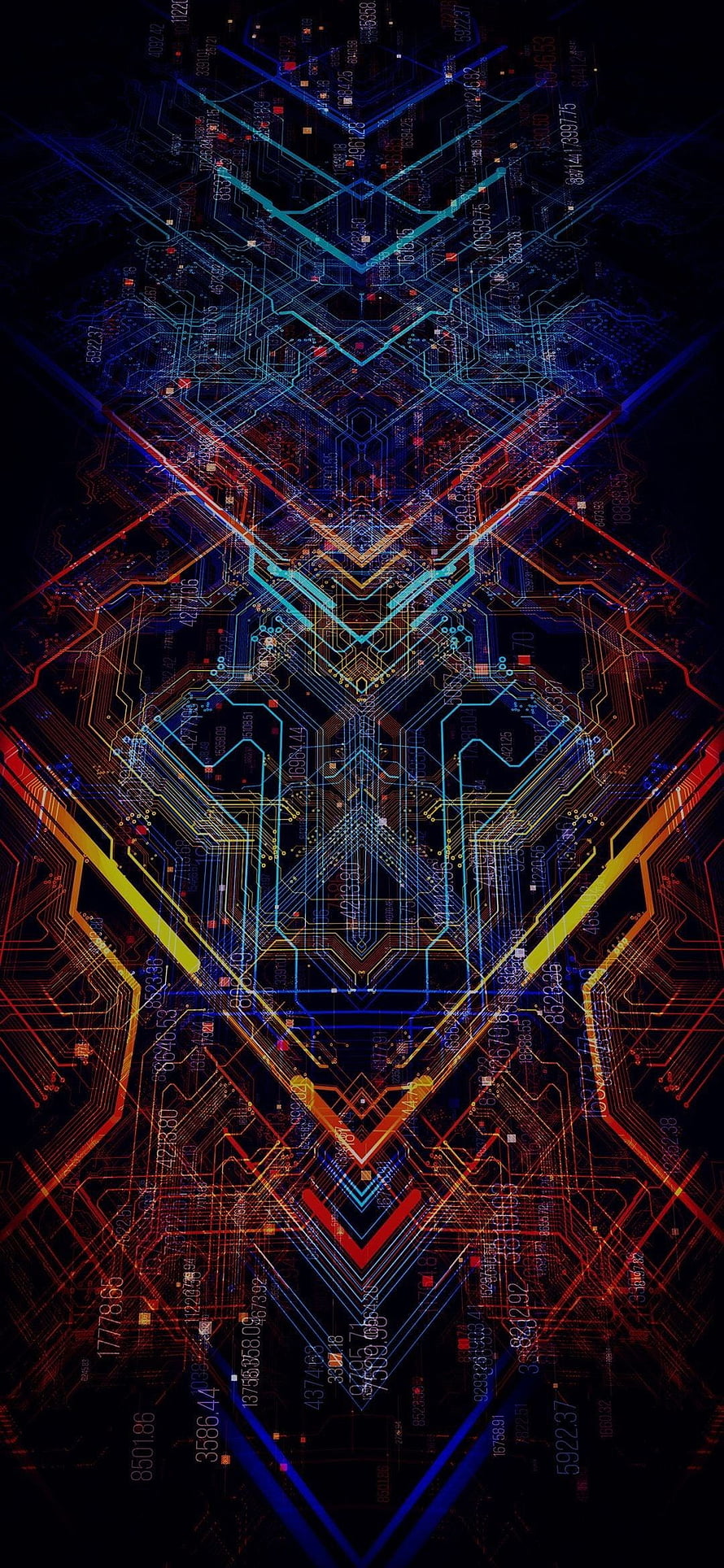 Neon Circuit Board Abstract Pattern with Glowing Blue and Red Traces on Dark Background HD phone wallpaper
