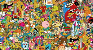 Dense Psychedelic Cartoon Collage Featuring Colorful Characters and Surreal Illustration HD wallpaper