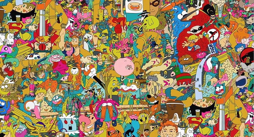 Dense Psychedelic Cartoon Collage Featuring Colorful Characters and Surreal Illustration HD wallpaper