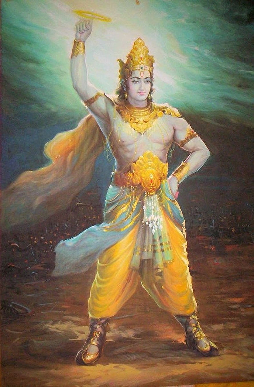 Krishna Holding Sudarshana Chakra in Traditional Indian Mythological Painting HD phone wallpaper