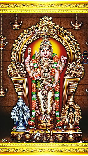 Lord Murugan Devotional Artwork with Golden Temple Arch and Traditional Offerings HD phone wallpaper