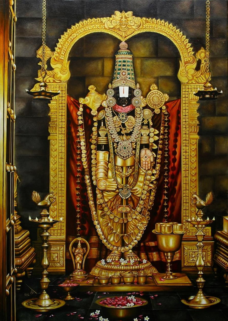 Tirupati Balaji Temple Deity Painting with Gold Ornaments and Brass Lamps HD phone wallpaper