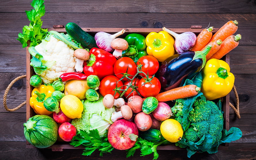Colorful Wooden Crate Filled With Fresh Organic Vegetables And Fruits On Rustic Table HD wallpaper