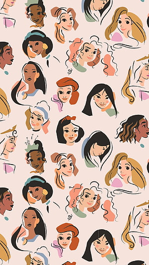 Disney Princess Pattern Illustration Featuring Multiple Character Portraits in Soft Pastel Tones HD phone wallpaper