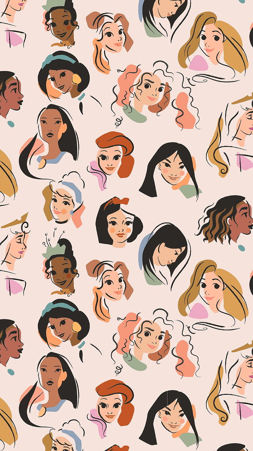 Disney Princess Pattern Illustration Featuring Multiple Character Portraits in Soft Pastel Tones HD phone wallpaper