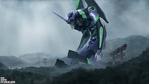 Neon Genesis Evangelion Unit-01 in Misty Mountain Landscape with Torii Gate HD wallpaper