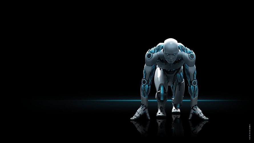 Crouching humanoid robot with glowing blue accents on a dark reflective surface HD wallpaper
