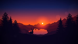 Stag Silhouette on Hillside at Sunrise with Mountain Lake and Pine Forest HD wallpaper