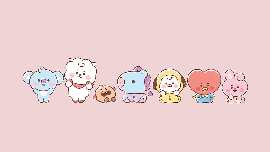 BT21 Baby Character Lineup on Soft Pink Background HD wallpaper