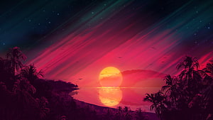Neon Tropical Sunset Over Calm Water With Silhouetted Palm Trees and Starry Sky HD wallpaper